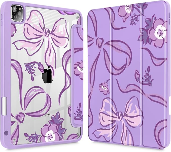 Mektron Case for iPad Pro 11 inch Case M2 2022 Generation 4th Fit 2021 2020 2018 iPad Pro 11 (3rd 2nd &amp 1st Gen) -Buit in Pencil Holder with Shockproof Cover Clear Shell Blue Bows &amp Flower
