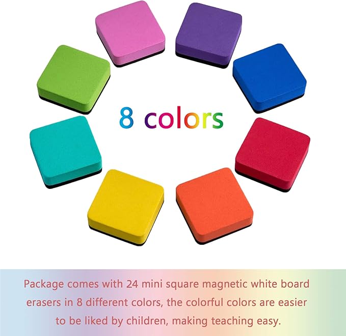 Dry Erase Erasers, AWOWZ 24 Pack Mini Magnetic Whiteboard Dry Eraser Chalkboard Cleaner Bulk for Home, Office and Classroom Teacher Kids Supplies (8 Color, 2 x 2 x 0.79 Inch)