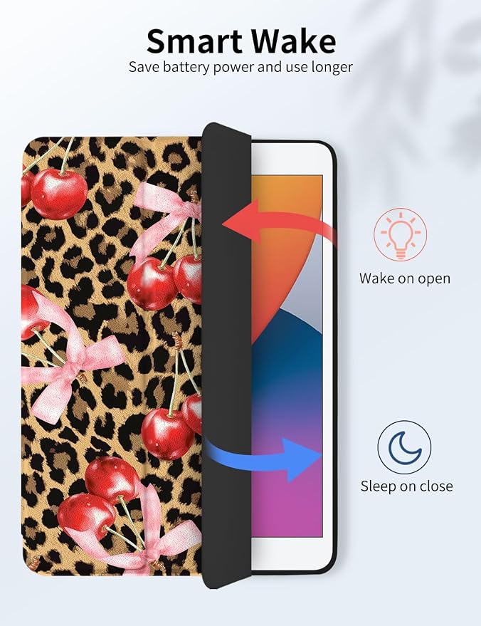 Case for iPad 9th/ 8th/ 7th Generation Case 10.2&amp10.5 Inch (2021/2020/2019 Release) Slim Lightweight Soft Trifold Back Cover with Pencil Holder &amp Auto Sleep/Wake Cover Cherries Cheetah Bows