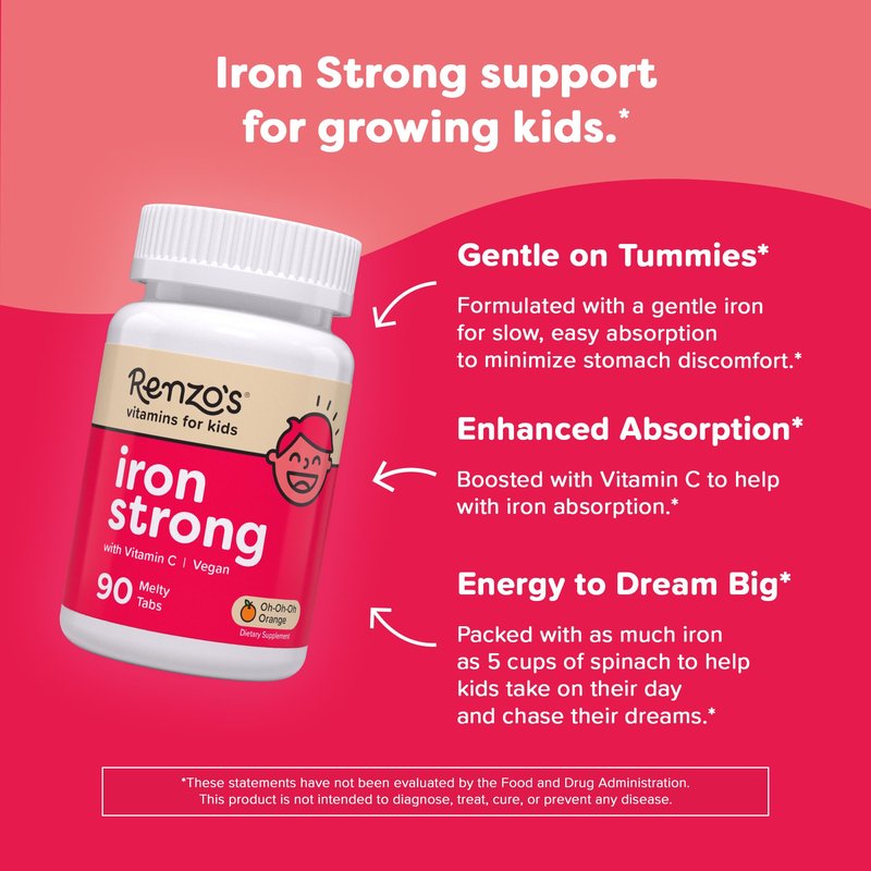 Renzo's Iron Supplements for Kids, Dissolvable Vegan Kids Iron Supplement with Vitamin C, Sugar-Free Melty Tabs, Orange Flavor, 90-Count