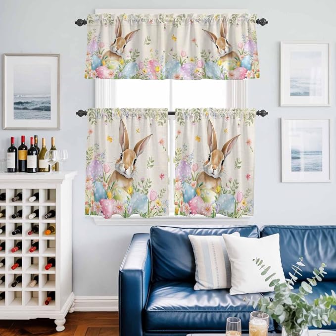 Kitchen Curtains Tiers and Valance Set of 3, Easter Light Filtering Window
