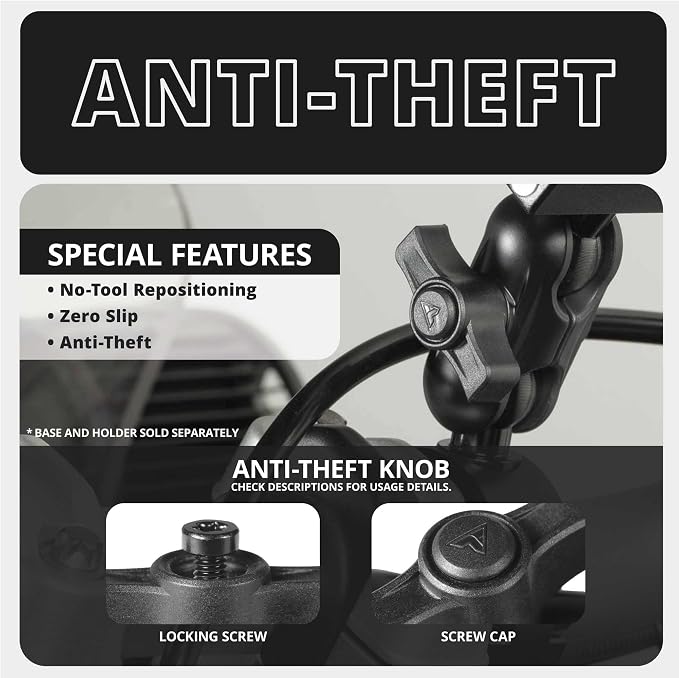 2 Long Metal 20mm Ball and Socket Arm | Tackform DuraLock 20 Series | Dual 20mm Sockets with Optional Anti-Theft Knob | Black
