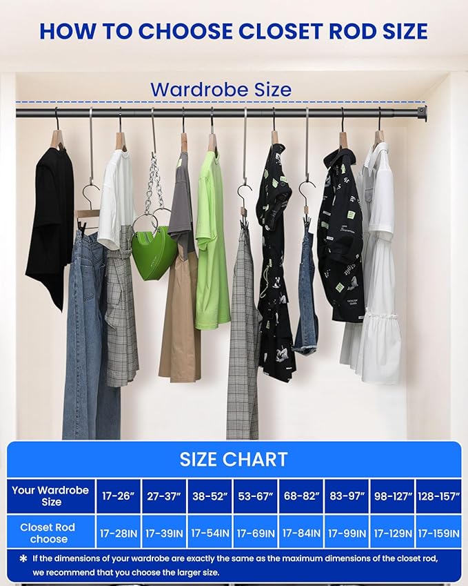 Supforce Closet Rods for Hanging Clothes, 17 to 99 Inches Stepless Adjustable Metal Closet Rod, 1.3 Inches Heavy Duty Clothes Hanging Rod for Closet Wardrobes Laundry RV, Black