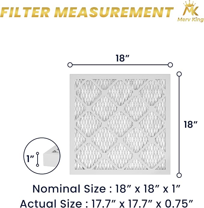 MervKing 18x18x1 Air Filter Actual Size: 17.7" x 17.7" x 0.75" MERV 8 MPR