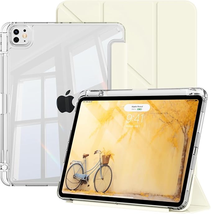 Clear Case for iPad Pro 12.9 inch 6th/5th/4th/3rd Gen with Y-fold &amp Trifold Stand Pencil Holder Support Pencil Charging [Auto Wake/Sleep] Lightweight Shockproof Hard PC Back Cover Black