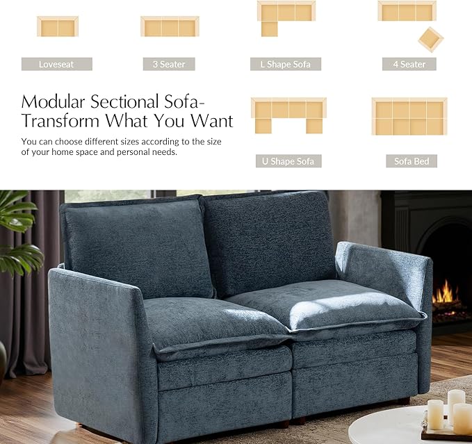 HULALA HOME 68'' Loveseat Sofa with Dual-Layered Cushions, 2 Seater Sofa with Storage Ottoman and Removable Cover, Modern Deep Seat Cloud Couch for Living Room, Blue