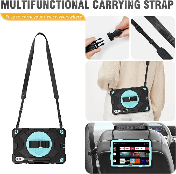 HXCASEAC Case for Samsung Galaxy Tab S10+ Plus / S9 Fe+ / S9+ 5G 12.4 inch Protective with Screen Protector/S Pen Holder/ 360 Rotating Stand Hand Strap - Black
