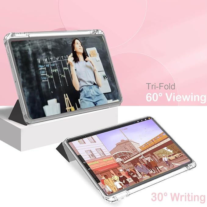 Feams Case for iPad Air 11-inch M4 2026 / M3 2025 / M2 2024 iPad Air 5th/4th Generation 2022/2020 10.9 Inch Y-Fold Standing Case Clear Back with Portrait Stand &amp Pencil Holder Beige Checkered
