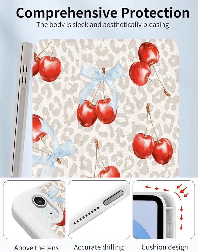 Case for iPad 9th/ 8th/ 7th Generation Case 10.2&amp10.5 Inch (2021/2020/2019 Release) Slim Lightweight Soft Trifold Back Cover with Pencil Holder &amp Auto Sleep/Wake Cover Cherries Cheetah Bows