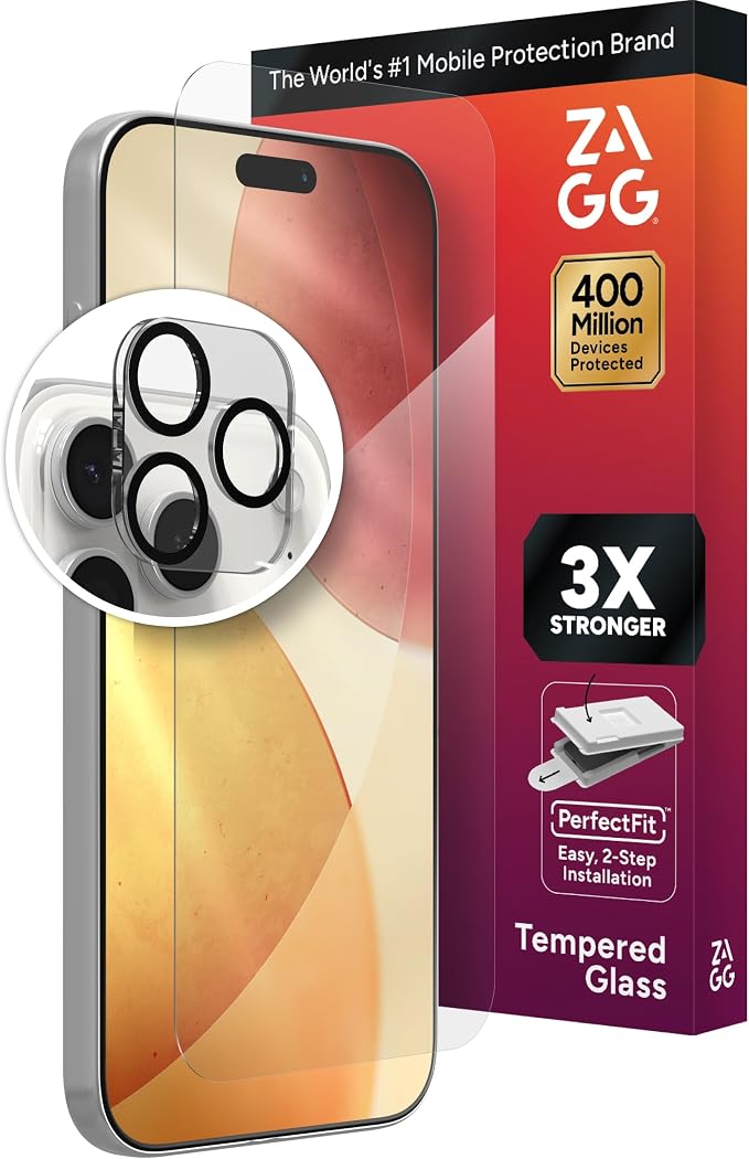 ZAGG Glass+ Screen &amp Camera Lens Protection for iPhone 17 Pro Max - Impact &amp Shatter Protection Full Coverage Scratch &amp Smudge-Resistant Tempered Glass Anti-Reflective Camera Lens Protec