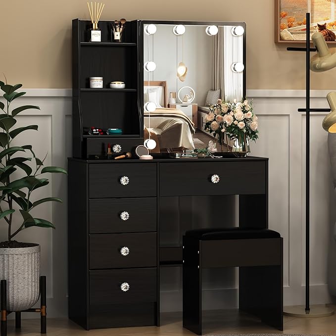 Black Vanity Desk with Mirror Lights, Makeup Vanity Table with 6 Drawers and Cabinet, Small Vanity Set with Chair Stool, 3 Modes Adjustable Sliding Mirror, Black Vanity for Bedroom