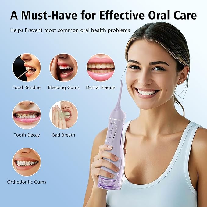 Leominor Water Dental Flosser Pick for Teeth, 300ML Portable Oral Irrigator Upgraded Tank Removable,IPX7 Waterproof, Rechargeable Travel Teeth Cleaner, Professional Electric Flossing Machine(T-Purple)
