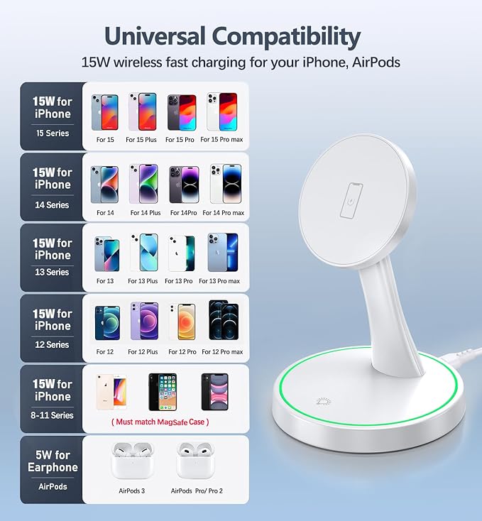2 Pack Magnetic Wireless Charger Stand 15W Fast Mag-Safe Charger for iPhone 16/16 Pro/16 Plus/16 Pro Max/15/14/13/12 Series Magnet Wireless Charging Station/Pad with Sleep-Friendly Light for AirPods