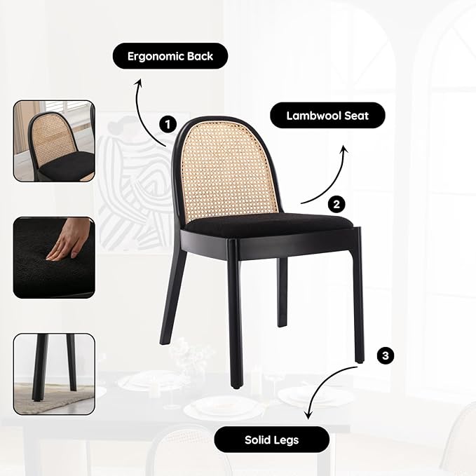 HEAH-YO Rattan Dining Chairs Set of 2, Upholstered Sherpa Dining Room Chairs with Backrests, Modern Kitchen Chairs with Wood Legs for Dining Room, Black