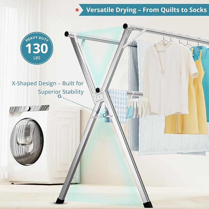 JAUREE 79 Inches Clothes Drying Rack, Drying Rack Clothing Folding Indoor Outdoor, Heavy Duty Stainless Steel Laundry Rack, Foldable Portable Large Clothes Rack Garment Rack with 20 Windproof Hooks