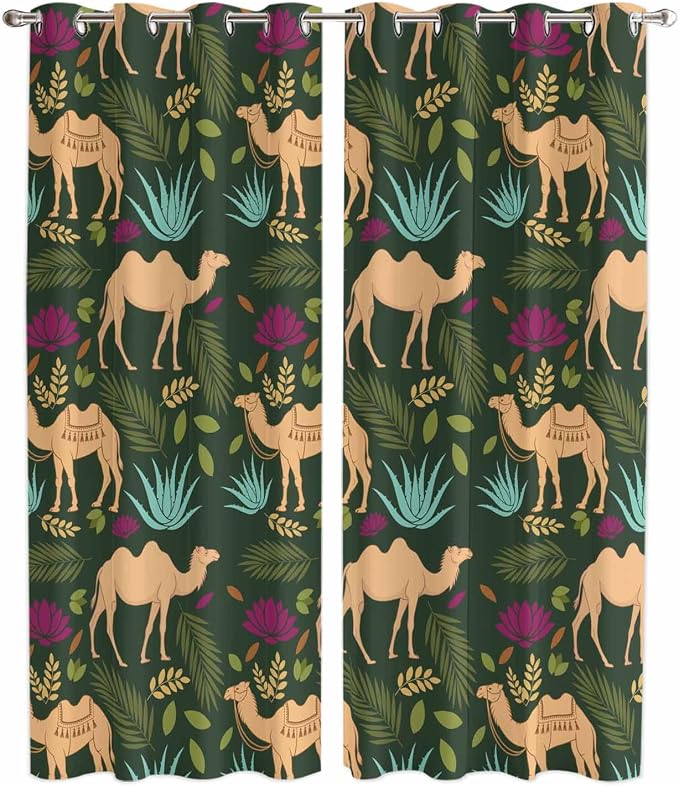 2 Panel Kitchen Cafe Curtains, Retro Desert Camel Sunlight Filtering Nature Air