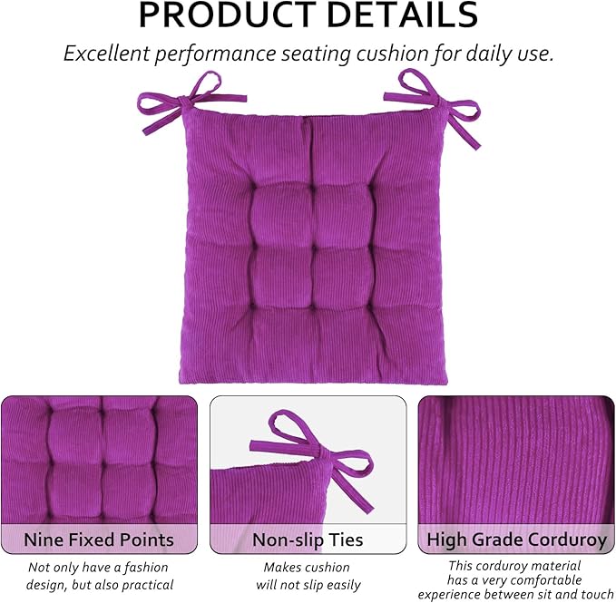 Square Seat Cushion for Kitchen Dining Chairs, Soft & Comfortable 15.5" x 15.5" Chair Pads, 6 Packs, Purple