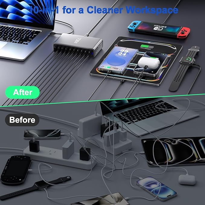 730W USB C Charger Block, 10 Port Fast USB Charging Station for Multi Devices, GaN Ⅲ Charging Block Double 140W/100W/65W PD PPS Port Laptop Charger Compatible with MacBook Pro/Air/iPhone 16/15/Samsung