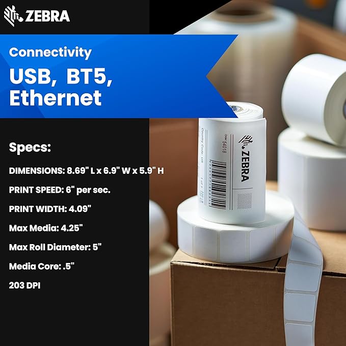 ZEBRA ZD421 Direct Thermal Desktop Printer 203 dpi Print Width 4-inch Wired USB and Ethernet Connectivity ZD4A042-D01E00EZ, No Thermal Ribbon Required
