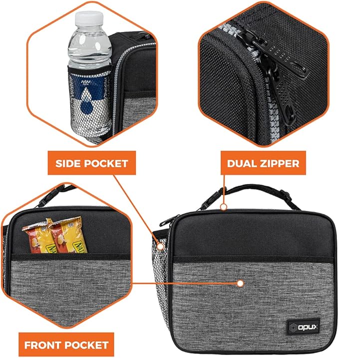 opux Insulated Lunch Bag Kids, Lunch Box for School Boy Girl, Leakproof Small Reusable Compact Soft Mini Cooler Bag, Toddler Small Lunch Boxes Kit Pail with Front Side Pockets (Gray)