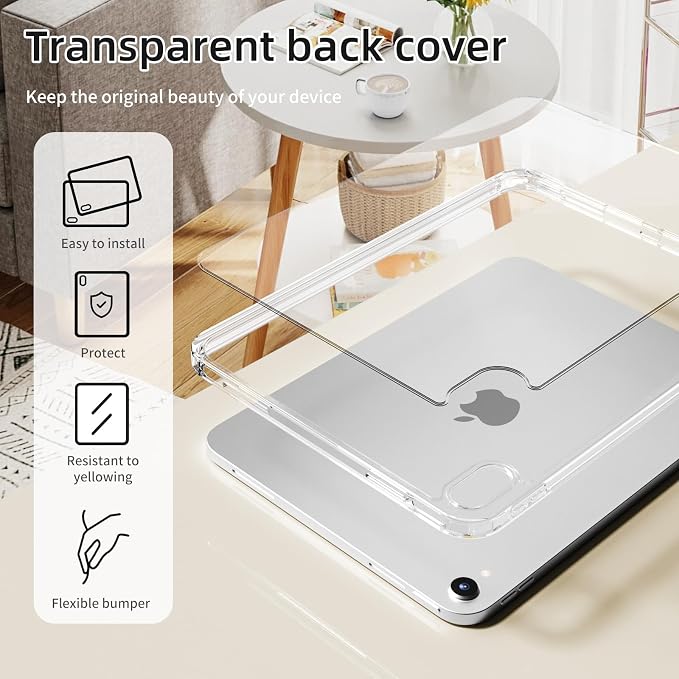 Detachable Case for iPad A16 11th Gen 11/10th Gen 10.9 Black | Slim Transparent Shell Back Soft Shockproof TPU Frame Without Pencil Holder Auto Sleep/Wake