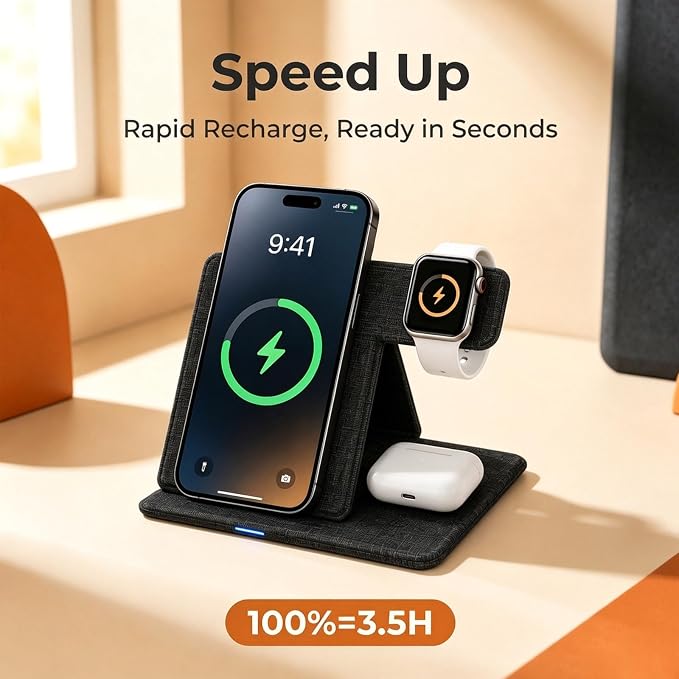 3 in 1 Wireless Charging Station Foldable Wireless Charger Stand for iPhone 15/14/13/12 Apple Watch Series 9/8/7/6/5/4/3/SE AirPods Pro 2/3 Fabric Portable Travel Charger Dock (Black)