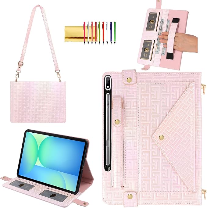 Handbag Case for Samsung Galaxy Tab S10 FE/S9 FE 10.9/S9/S8/S7 11 Techcircle Folio Stand Crossbody Wallet Protective Cover with S Pen Holder &amp Card Slots Hand Strap &amp Shoulder Strap Black