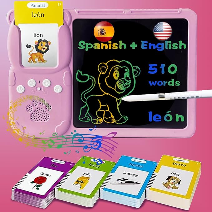 English Spanish Flash Cards for Kids 3-12 - Drawing Writing Tablet for Toddlers, Sensory Toys for Autistic Children, 510 Sight Words, Travel Activities for 4 Year Old Girl Boy (Pink)