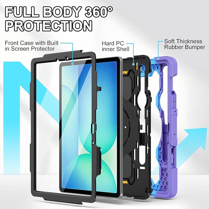 Galaxy Tab S10 Lite/S10 FE/S9 FE 5G/S9 Case 10.9/11 inch | with Screen Protector 360° Rotating Kickstand Hand/Shoulder Strap Heavy Duty Shockproof Cover S Pen Holder Kids Friendly