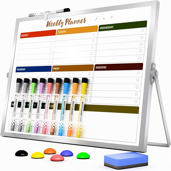 Dry Erase White Board with Stand,Double-Sided Weekly Whiteboard 16"x12", 10 Markers, 6 Magnets, 1 Eraser, Portable Desktop Whiteboard for Planning,Weekly Schedule Board for School for Home