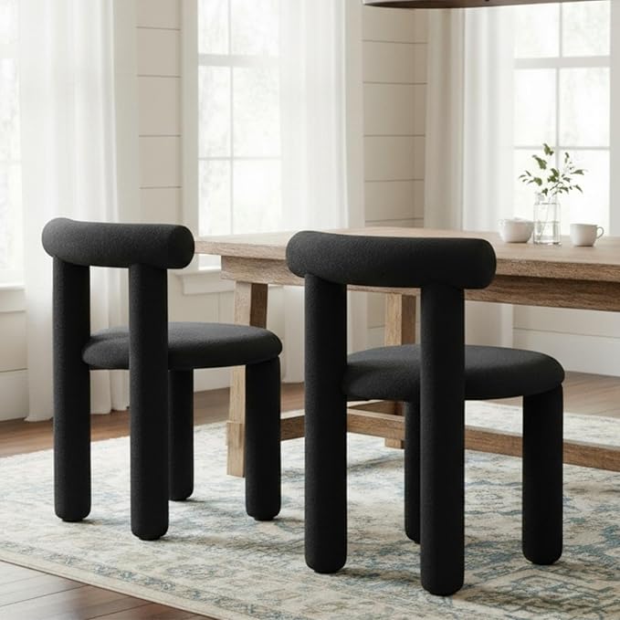 DUOMAY Modern Black Boucle Dining Chairs Set of 2, Sherpa Upholstered Kitchen Chairs Armless Barrel Back Dining Chair, Living Dining Room Chairs, Reception