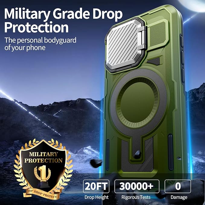 Camera Stand Case for iPhone 15 Pro Max, [Compatible with Mag Safe] [Lens Cover] 2024 Version Military Grade Protective Soft Case for iPhone 15 Pro Max 6.7 inch Men Women, Green