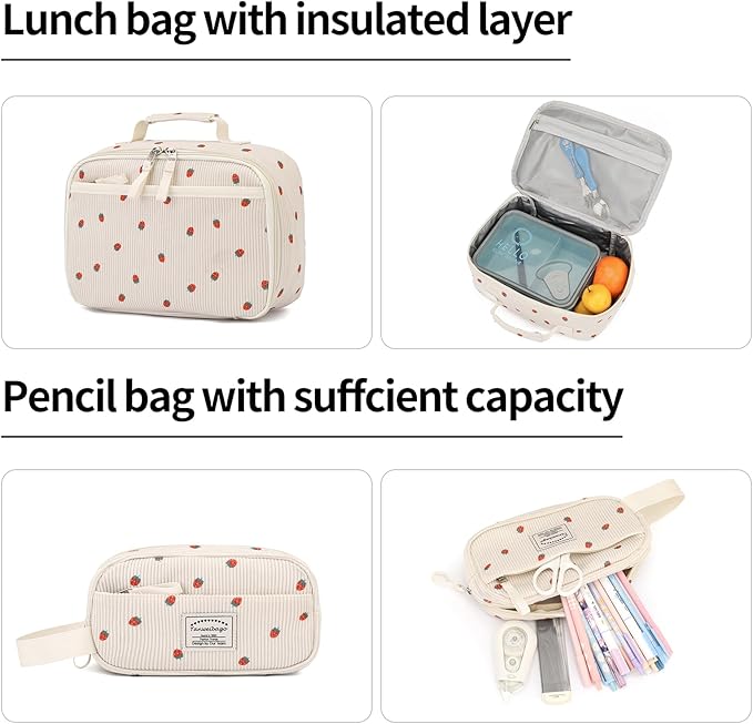 Backpack for Girls Boy Teen Corduroy Bookbags Elementary Middle High School Women Laptop Bag with Lunch Box Pencil Bag (Strawberry Beige)