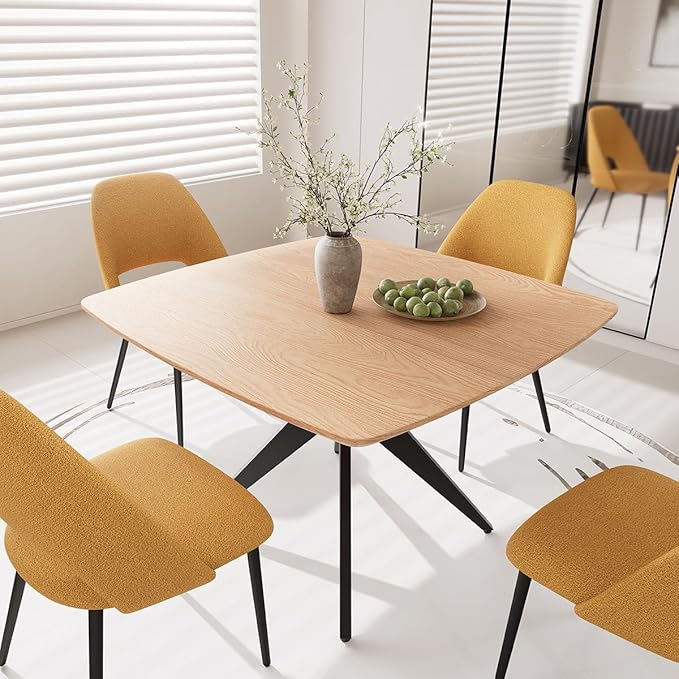 Kidol & Shellder 45.2" Square Dining Table Set for 2-4 People Modern MDF Wooden Dining Room Table with X-Shaped Metal Base Kitchen Table（Natural Table+4pcs Yellow Chairs）