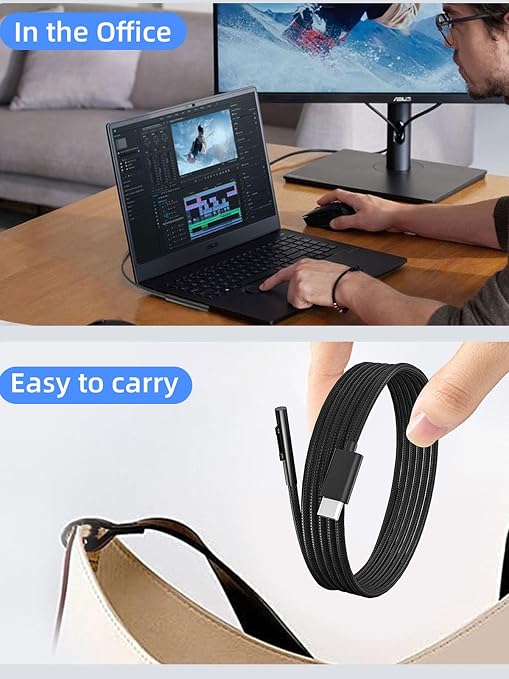 PD100W USB-C Charger Cable Compatible with Surface Pro Laptop Microsoft Surface Pro 10/9/8/7+/7/6/5/4/3/X Windows Surface Laptop 6/5/4/3/2/1 Surface Go Tablet Surface Book Support 65W/45W6FT