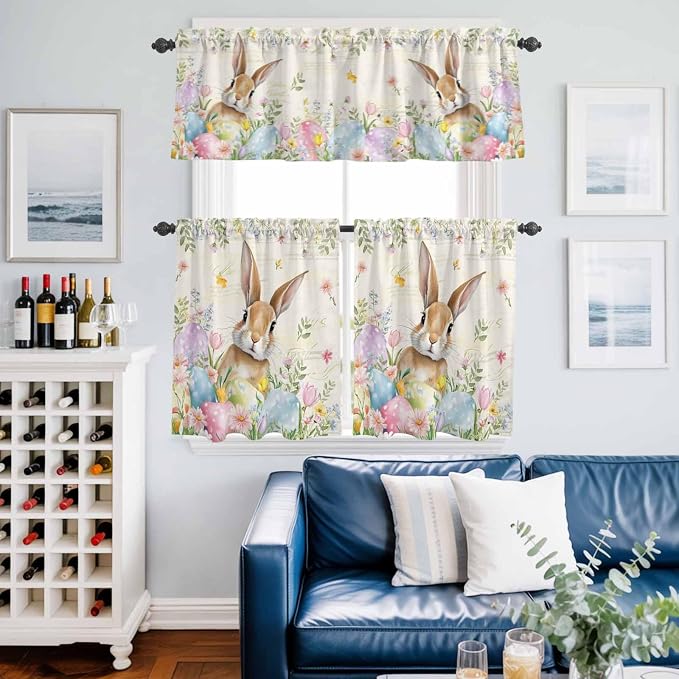 Kitchen Curtains Tiers and Valance Set of 3, Easter Light Filtering Window