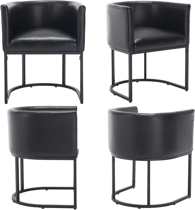 Faux Leather Dining Chairs Set of 4 Modern Barrel Arm Chairs with Black Metal Frame, Upholstered Kitchen Chairs 18.5" Wide Accent Chair for Living Room Dining Room Restaurant, Black