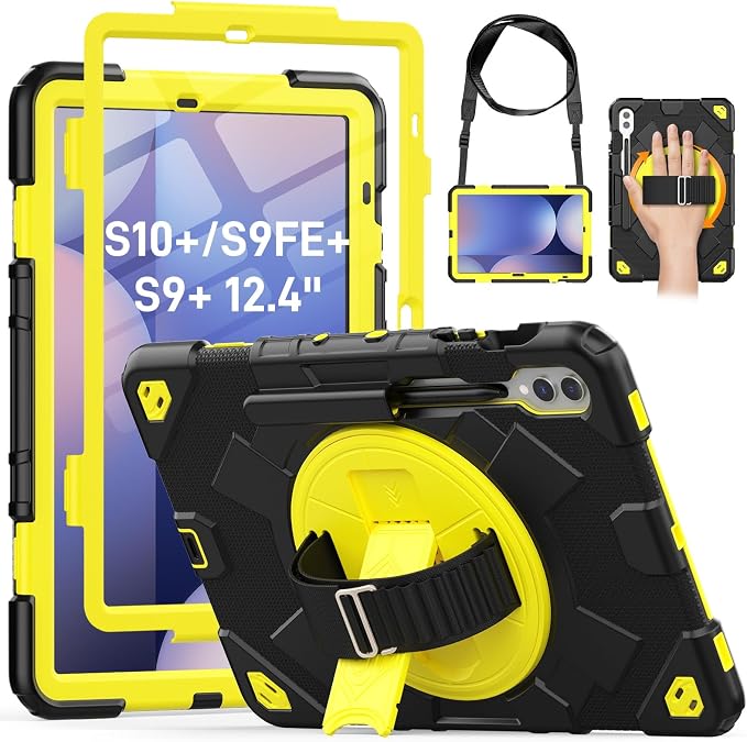 HXCASEAC Case for Samsung Galaxy Tab S10+ Plus / S9 Fe+ / S9+ 5G 12.4 inch Protective with Screen Protector/S Pen Holder/ 360 Rotating Stand Hand Strap - Black
