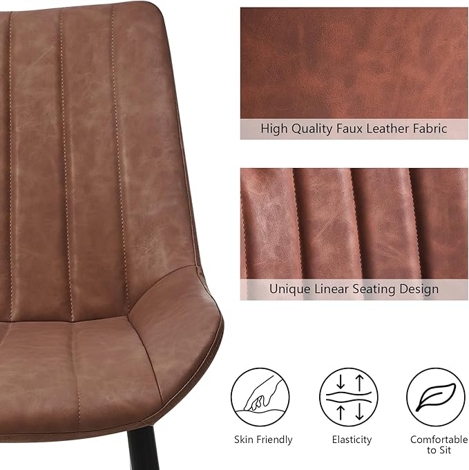 Dining Chairs Set of 6, Faux Leather Modern Linear Design Dining Chair with Metal Legs, 16.9" Seat Width Chair for Kitchen, Lounge, Reception Room, Restaurant, Commercial (Brown)