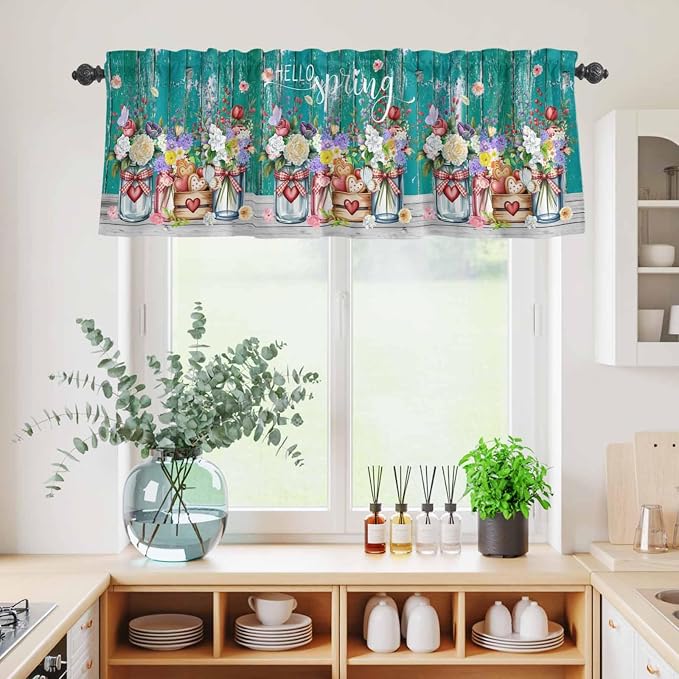 Kitchen Curtains Tiers and Valance Set of 3, Spring Flowers Light Filtering