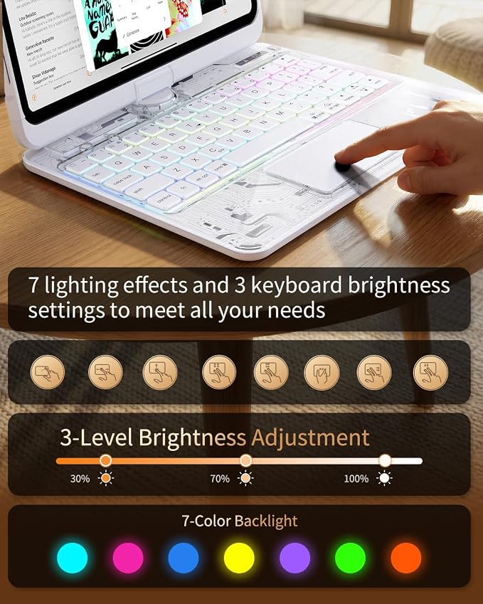 360°Rotation Bluetooth Keyboard Case for iPad 11th Gen（A16）10th 10.9 inch | iPad keyboard case 11/10th generationTouchpadKeyboard Battery Level Visualization360° rotateand 180° flip7-color backlit
