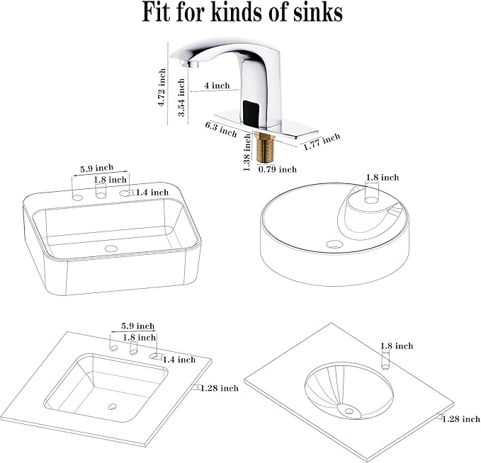 HALO H59 Brass Chrome Touchless Bathroom Faucet 4 AA Batteries Powered, Easy DIY Installation for Novices Automatic Vessel Sink Faucet with Control Box for Market/Home/Restaurant/School