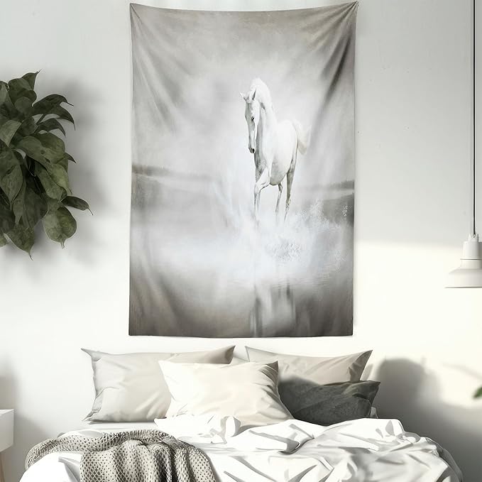 Ambesonne Horses Tapestry Twin Size, Wild Horse Running Through Water Dramatic for the Motivation of Life Art, Wall Hanging Bedspread Bed Cover Wall Decor, 68" X 88", Black and White