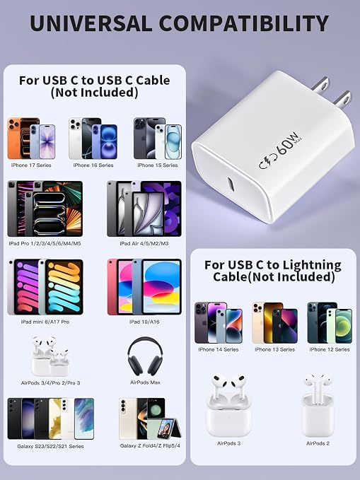 USB C Charger Block Fast Charging iPhone 17 Pro Charger40-60W Dynamic AdapterMax 60 Watt Fast Apple USBC Plug Compatible with iPhone 17 16 15 14 13 12 11 SeriesiPad Mini Pro AirMacBook AirAirPods