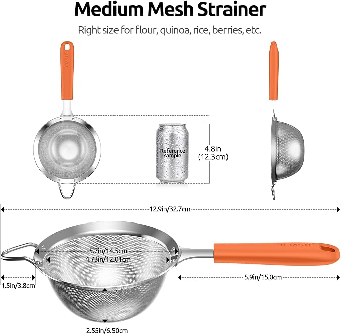 U-Taste Medium Fine Mesh Strainer: 18/8 Stainless Steel 4.73in 30 Mesh Kitchen