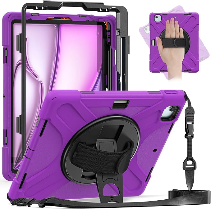 Batianda VortiGrip Case for iPad Air 11 M2/M3/M4 2024-2026 Colorful Blue | Heavy Duty Triple-Layer Rugged Case with 360° Rotating Hand Strap Foldable Hidden Stand Shoulder Strap and Pencil Holder