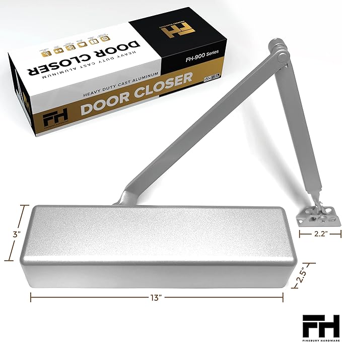 Finsbury Commercial Door Closer Automatic Heavy Duty High Traffic Adjustable ANSI/BHMA Grade 1, UL Listed ADA Compliant Hydraulic Backcheck Delayed Action Latch Speed 1-6 Power (Aluminum)