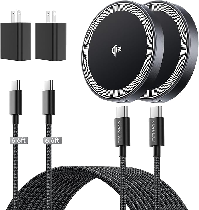 THREEKEY 15W Magnetic Wireless Charger Qi2 Wireless Phone Charger with 6.6ft Cable Fast Charging Pad for iPhone 17 Air 16 15 14 13 12 Pro Max Airpods(20W Adapter Included) 2 Pack