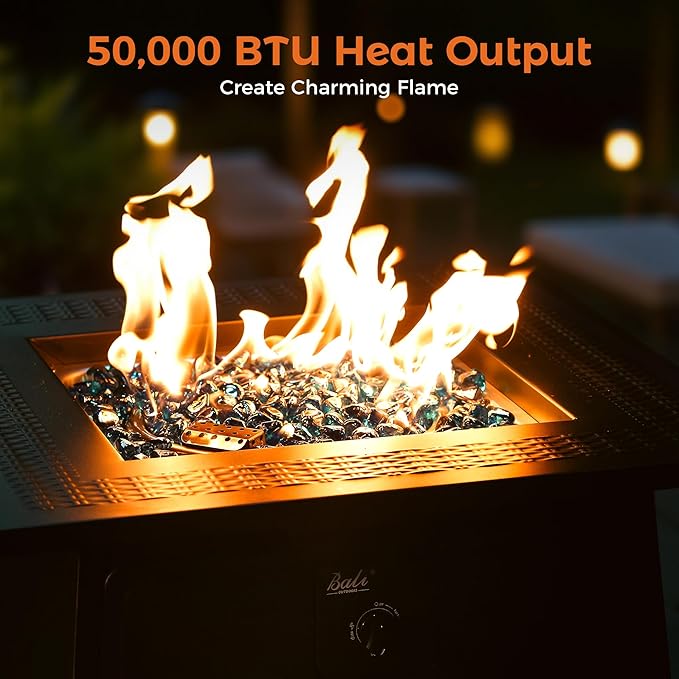 BALI OUTDOORS Gas FirePit Table, 28 inch 50,000 BTU Square Outdoor Propane Fire Pit Table with Lid and Blue Fire Glass