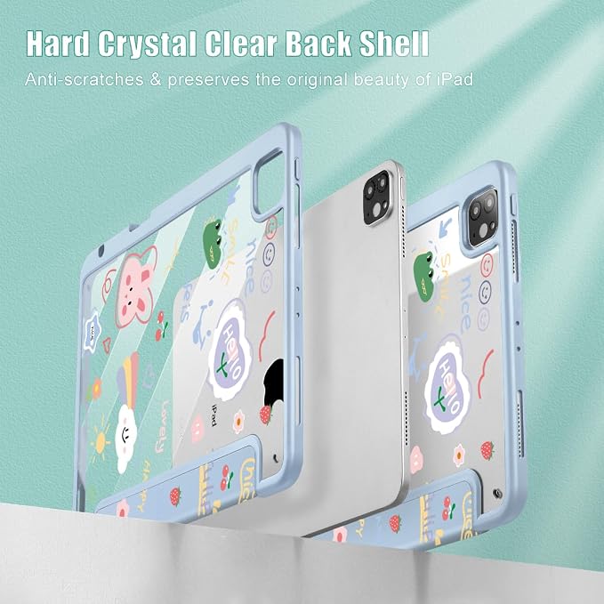 May Chen Case for iPad 12.9 Inch (6th/5th/4th/3rd Generation 2022/2021/2020/2018) Pencel Holder + Trifold Support Auto Sleep/Wake Transparent Shockproof Back Cover Blue Bows